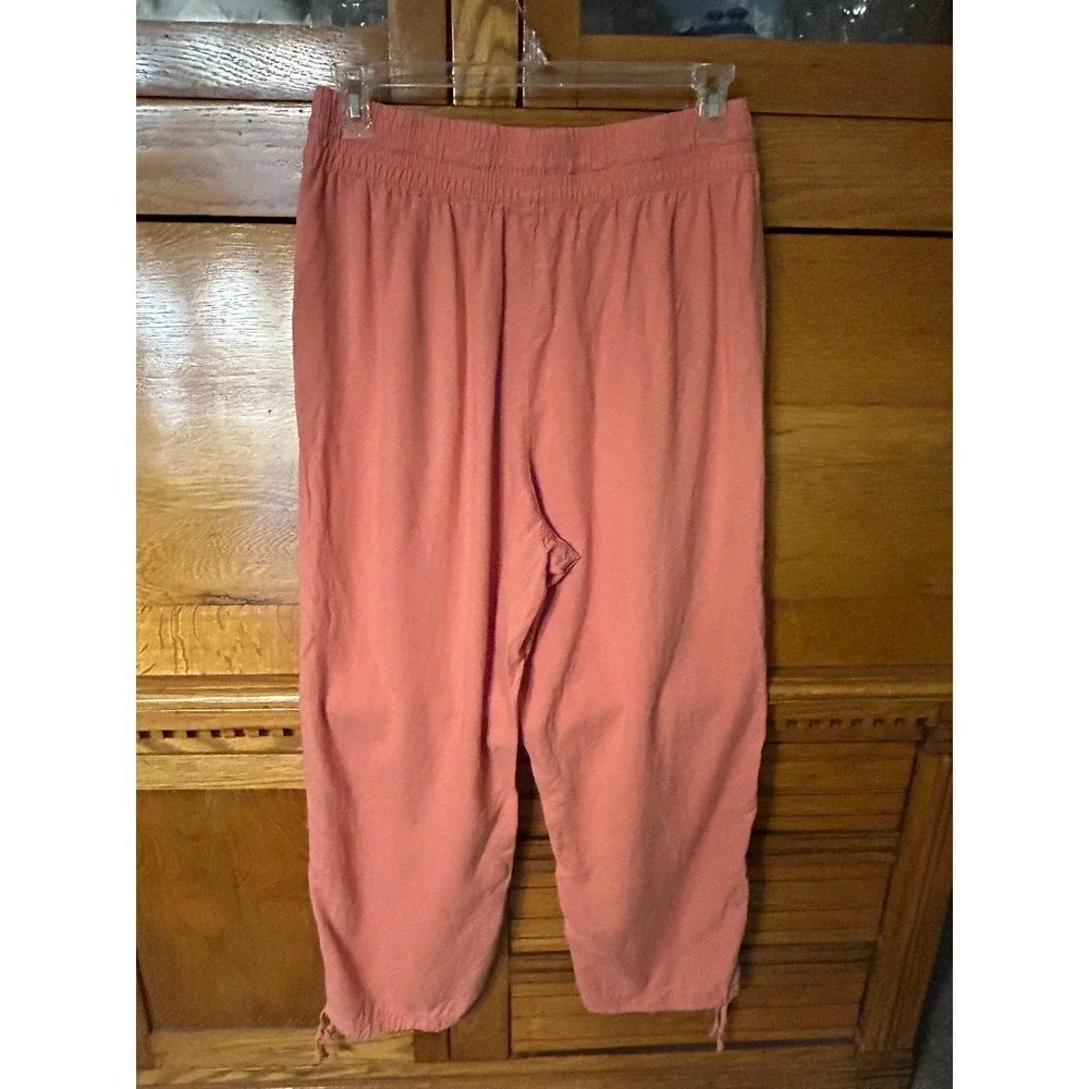 C&C California Boho Chic Coral Pink Linen Blend Drawstring Wide Leg Crop Pants